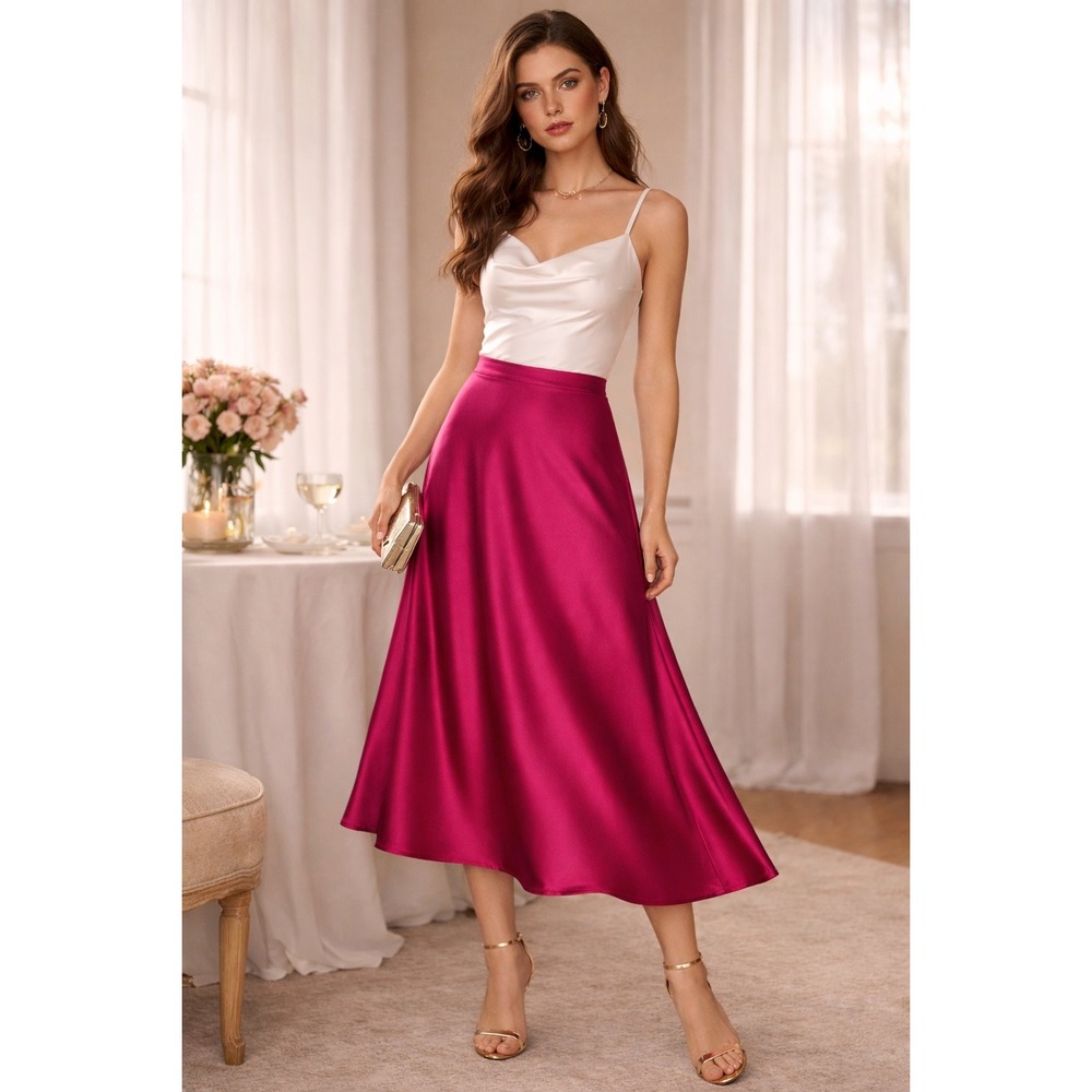 Raspberry Pink Satin Midi Skirt A-Line Romantic‎ Date Night Valentine's Sz L